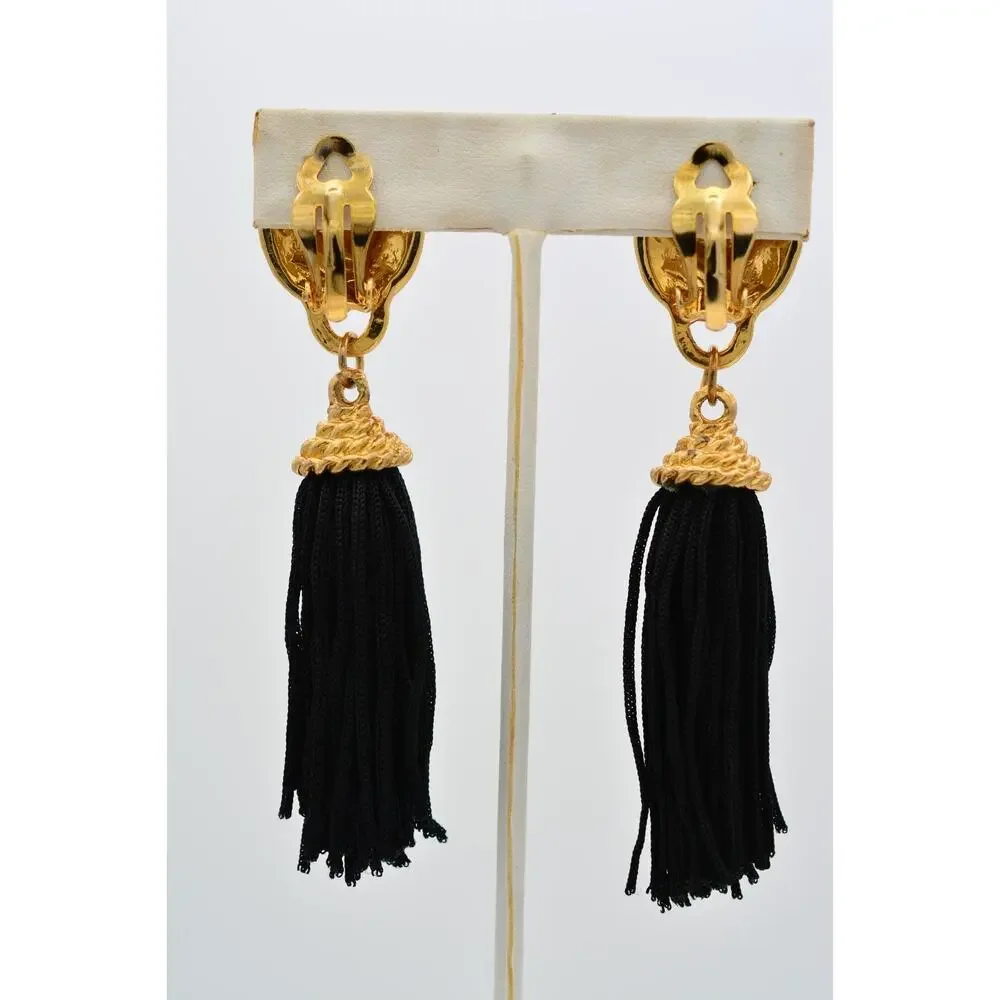 Vintage Lion Head Black Tassel Clip On Statement Earrings Brushed Gold 80s BinAR